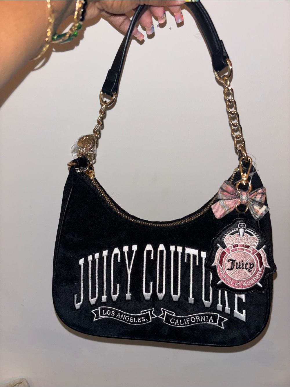 Juicy Couture Black Velvet Shoulder Bag with Pink Crest Patch and Bow